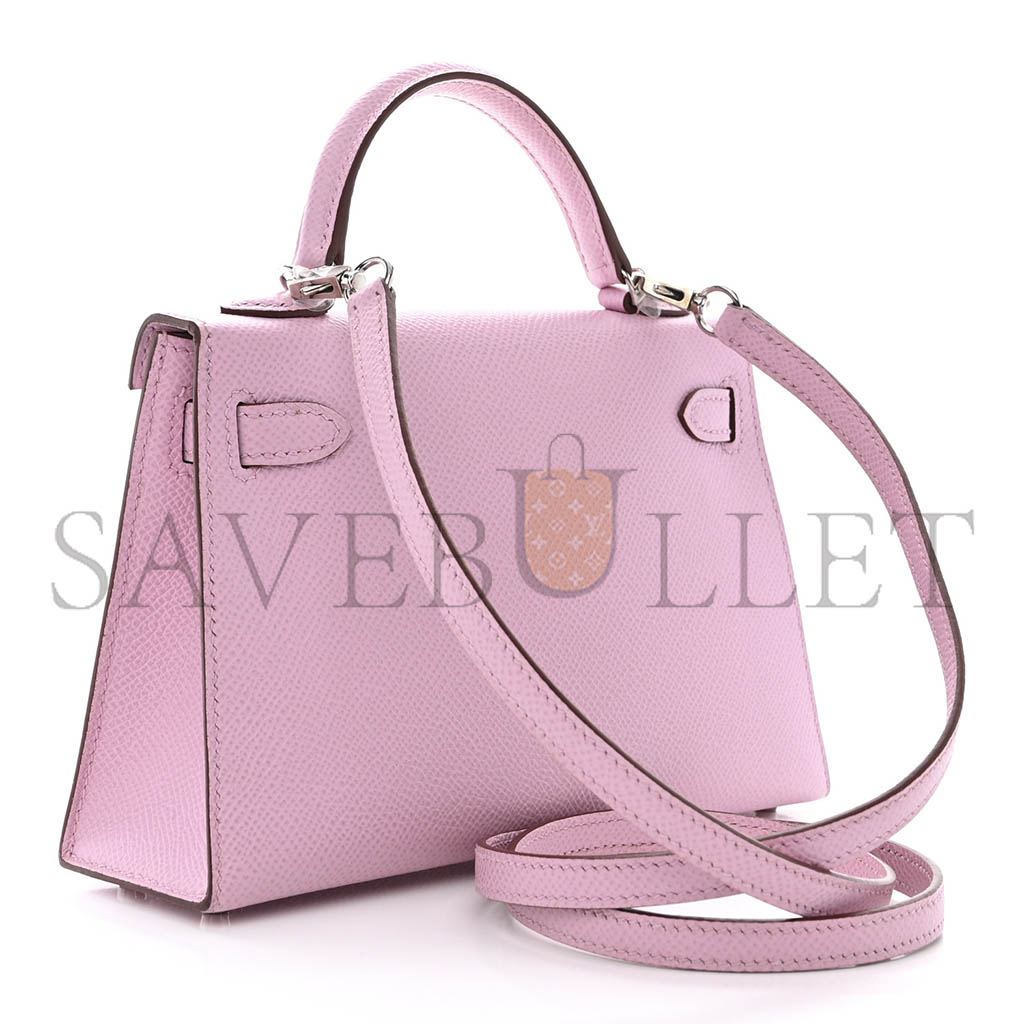 HERMÈS EPSOM MINI KELLY LL CHERRY BLOSSOM PINK SILVER BUCKLE (19*12*5.5cm)